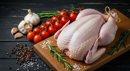 Raw whole chicken ready for cooking on a wooden cutting board with rosemary, garlic, and cherry tomatoes.