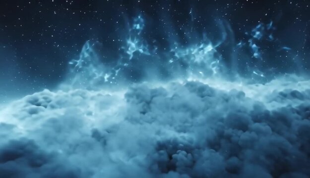 Create a seamless looping cinematic ambient visual in 16:9 aspect ratio, 1920&times;1080 or higher resolution.
Features: ethereal clouds, drifting cosmic mist, soft glowing particles, subtle light flares, 