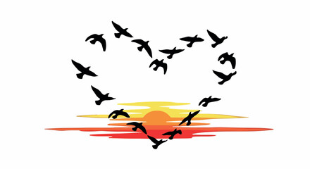 Birds flying in heart shape over sunset sky