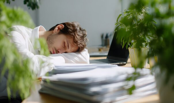 tired person working in a bank office