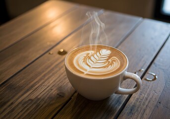 A steaming cup of hot latte coffee placed on a rustic wooden table, inviting warmth and a cozy coffee moment