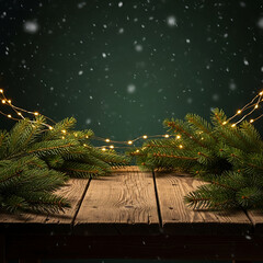 wooden table with a dark green background and golden lights, Christmas tree branches for product display or presentation blurred snowflakes falling in the air, Christmas / Holiday Background