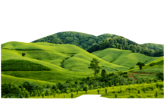 Lush green rolling hills with dense trees and a background cutout green hills isolated on a transparent background