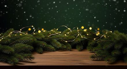 wooden table with a dark green background and golden lights, Christmas tree branches for product display or presentation blurred snowflakes falling in the air, Christmas / Holiday Background