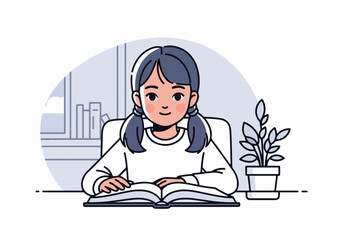 A young girl studying and reading a book at her desk. Home schooling and education concept. Minimalist line art character design