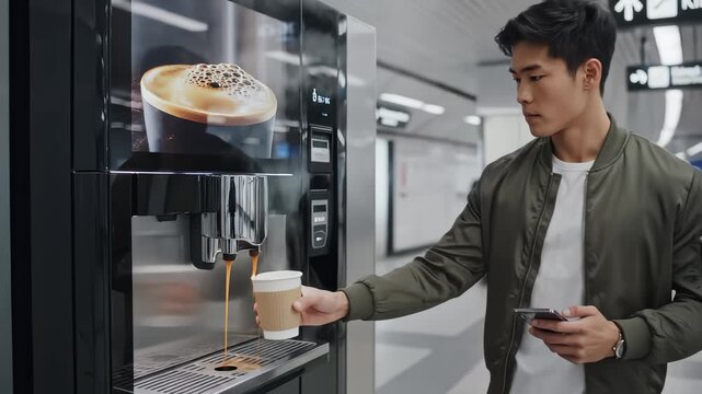 Asian Man Purchases Coffee With Phone From Modern Vending Machine