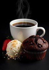 A delightful coffee paired with a chocolate muffin, accompanied by strawberry, ice cream, and coconut chips on a black background.