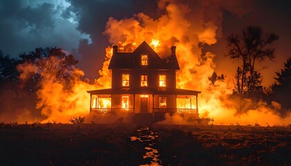 Fototapeta premium A house engulfed in flames under a stormy night sky