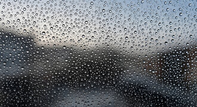 Close-up view of raindrops on a glass window with a blurred background of a rainy day scene