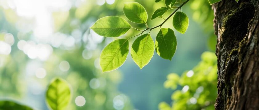 Closeup View, Fresh Green Leaves on Tree Trunk, Forest Nature Scene, Macro Photography, Sunlit Environment, Bokeh Viewpoint, Natural Serenity Concept