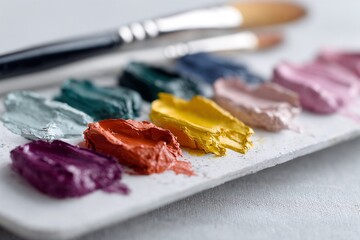 Colorful oil paint strokes with brushes on palette