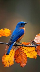 Obraz premium Eastern Bluebird perched on branch with autumn leaves nature wildlife photography.