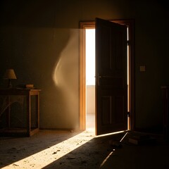 A partially open wooden door allowing sunlight to cast a long shadow across a dimly lit room with minimal furniture and a dusty floor, creating a warm and inviting atmosphere