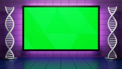 Green screen flanked by DNA helix structures on purple wall