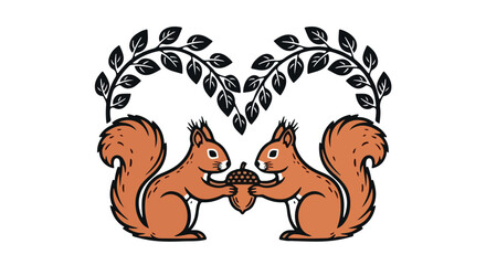 Squirrels sharing acorn with heart shaped foliage