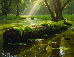 Sunlight filters through moss covered log in a tranquil forest swamp scene