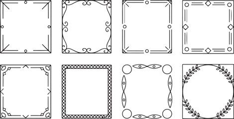 Eight distinct square frame border designs offer creative artistic vintage decorative elements on transparent background