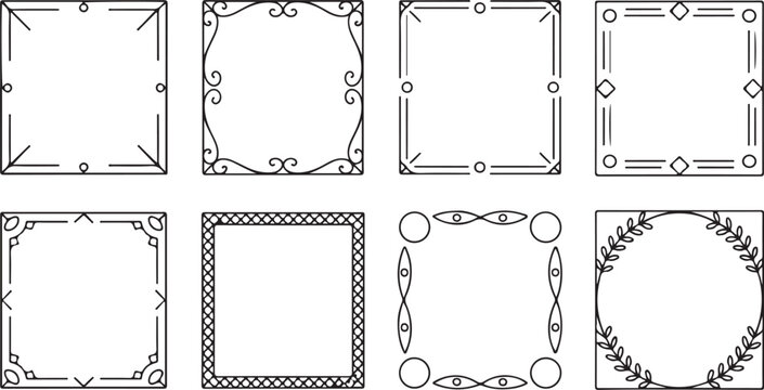 Eight distinct square frame border designs offer creative artistic vintage decorative elements on transparent background