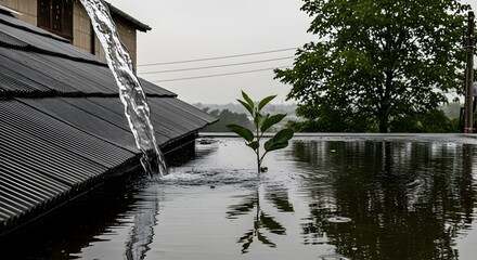 A small plant growing on the edge of a rooftop with water flowing from a pipe during a rainy day, showcasing urban nature and weather effects