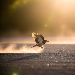 A bird taking flight from a dusty surface during golden hour with warm sunlight illuminating the scene and creating a serene atmosphere