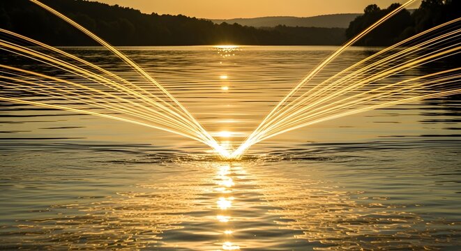 A captivating image of a water fountain creating sparks and ripples on a calm lake during sunset, with the golden light reflecting on the water's surface and a distant horizon in the background - Powered by Adobe