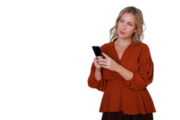 Young woman thinking while holding phone, looking away contemplating new ideas, transparent background