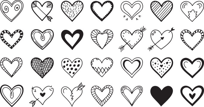 Hand drawn hearts with various patterns create a unique collection of love symbols