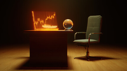 Wooden desk with abstract financial visuals, featuring a glass paperweight refracting light. pitch deck slides.