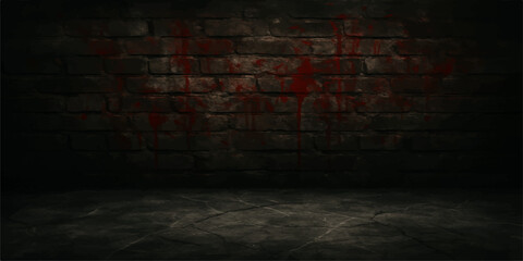 Dark empty vintage room interior with old brown grunge texture on a brick wall and wood floor backdrop