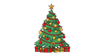 Flat design vector art of a fully decorated Christmas tree, using bright red, gold, and green solid colors. Clean white background. Perfect for a holiday greeting card