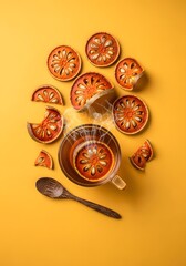 Bael fruit (Aegle marmelos) herbal tea from dried Matum, an Ayurvedic treatment and traditional Asian remedy, displayed on yellow background