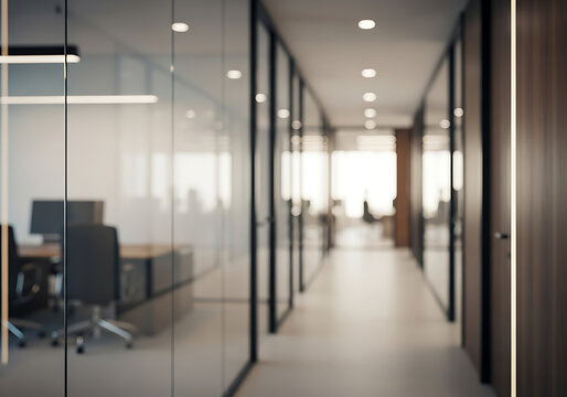 Modern office hallway with glass walls and blurred background showcasing a contemporary workspace design and corporate environment perfect for business presentations and architectural visualization
