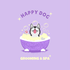 Dog grooming. Design for grooming salon. Happy puppy in the bath. Cute happy dog. Color vector illustration in cartoon flat style.	