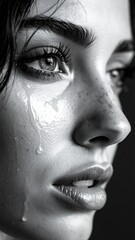 Expressive Portrait of a Woman in Tears Emotional Black and White Photography conveying sadness sorrow melancholy.
