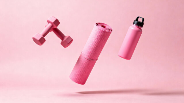 Floating mat, hand weight and water bottle. Copy space. Fitness.	
