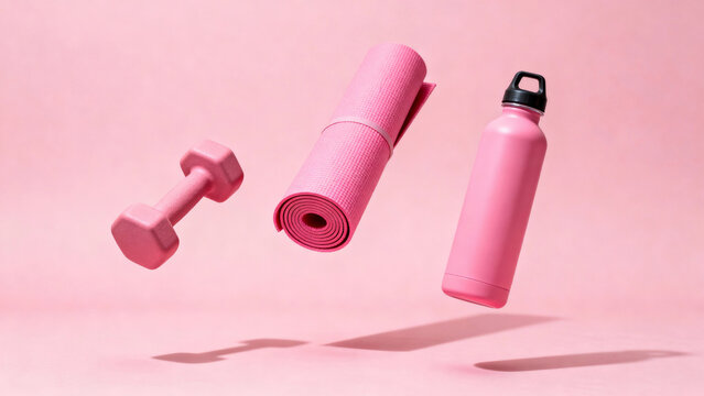 Floating mat, hand weight and water bottle. Copy space. Fitness.	