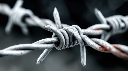 A stark close-up captures the menacing beauty of coiled barbed wire, its sharp points creating an intriguing juxtaposition of danger and form.
