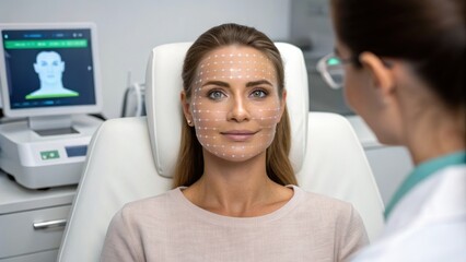 Professional Facial Assessment A woman undergoing facial analysis in a modern clinic using advanced technology.