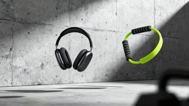 Minimalist 3D rendering of floating strength training items: black rubber floor tile, heavy kettlebell, and lifting straps on a dark charcoal background. Focus on power and weightlifting.