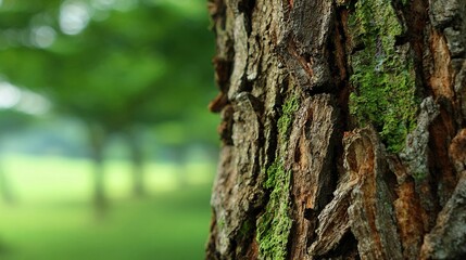 Fototapeta premium Closeup of tree bark with moss growing on it in a park