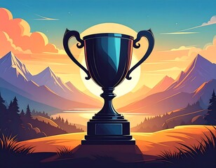 Trophy on a Hill at Sunset Symbolizing Achievement and Success in Competition