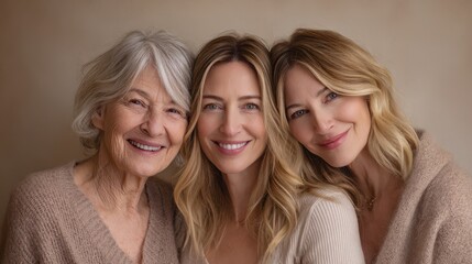 Three-Generation Family Headshot Portrait: Grandmother, Mother, and Daughter Smiling Together