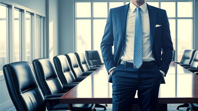 A confident businessman stands in a modern office with a conference table.