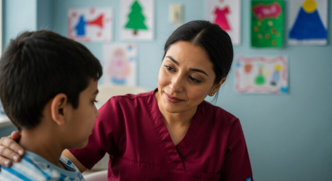 Caring female nurse comforting a young boy patient in a children's hospital. Healthcare professional talking to a child on New Year's Eve. Pediatric support and empathy