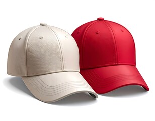 Two baseball caps, beige and red, arranged side-by-side on a white background