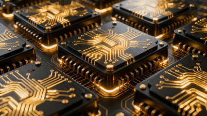 Golden Glowing Dense Circuit Board Device
