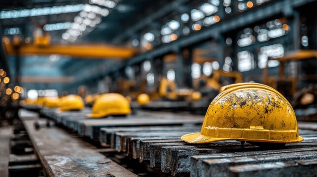 A photo depicting hard hats in a workshop, showing the safety measures taken in industrial settings and highlighting the importance of protection.