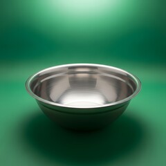 A shiny stainless steel mixing bowl placed on a green background with soft lighting and subtle shadows