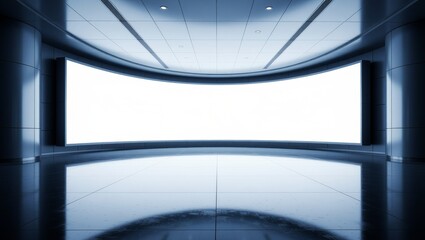 Modern curved screen room with reflective floor and blue lighting