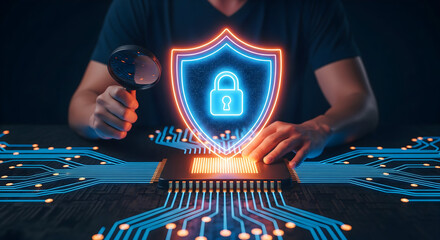 Cybersecurity expert analyzing data chip with magnifying glass for threats online